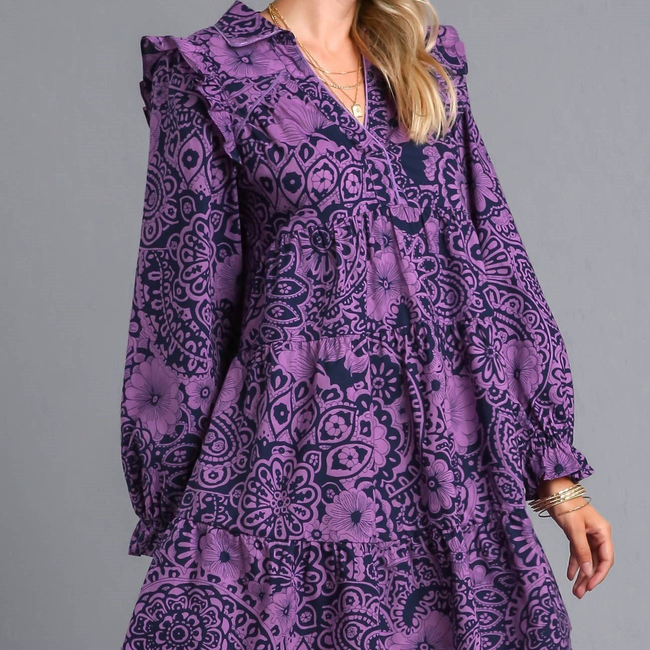 Mixed Print Flutter Ruffle Long Sleeve Dress- REG & PLUS SIZES