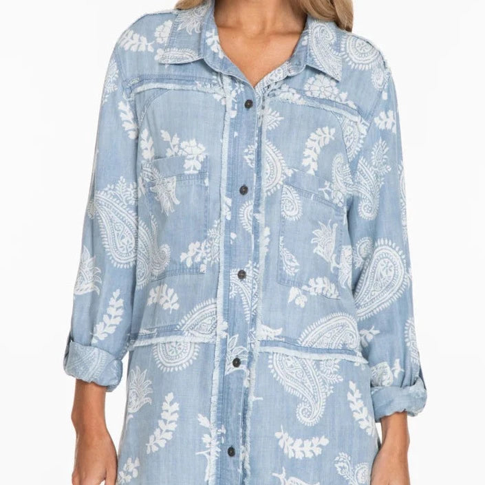 Rolled Tab Long Sleeved Button Up Fringe Edge Top