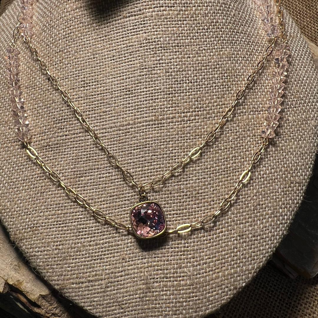 Pink and Gold Bead Multi Layered Chain Necklace