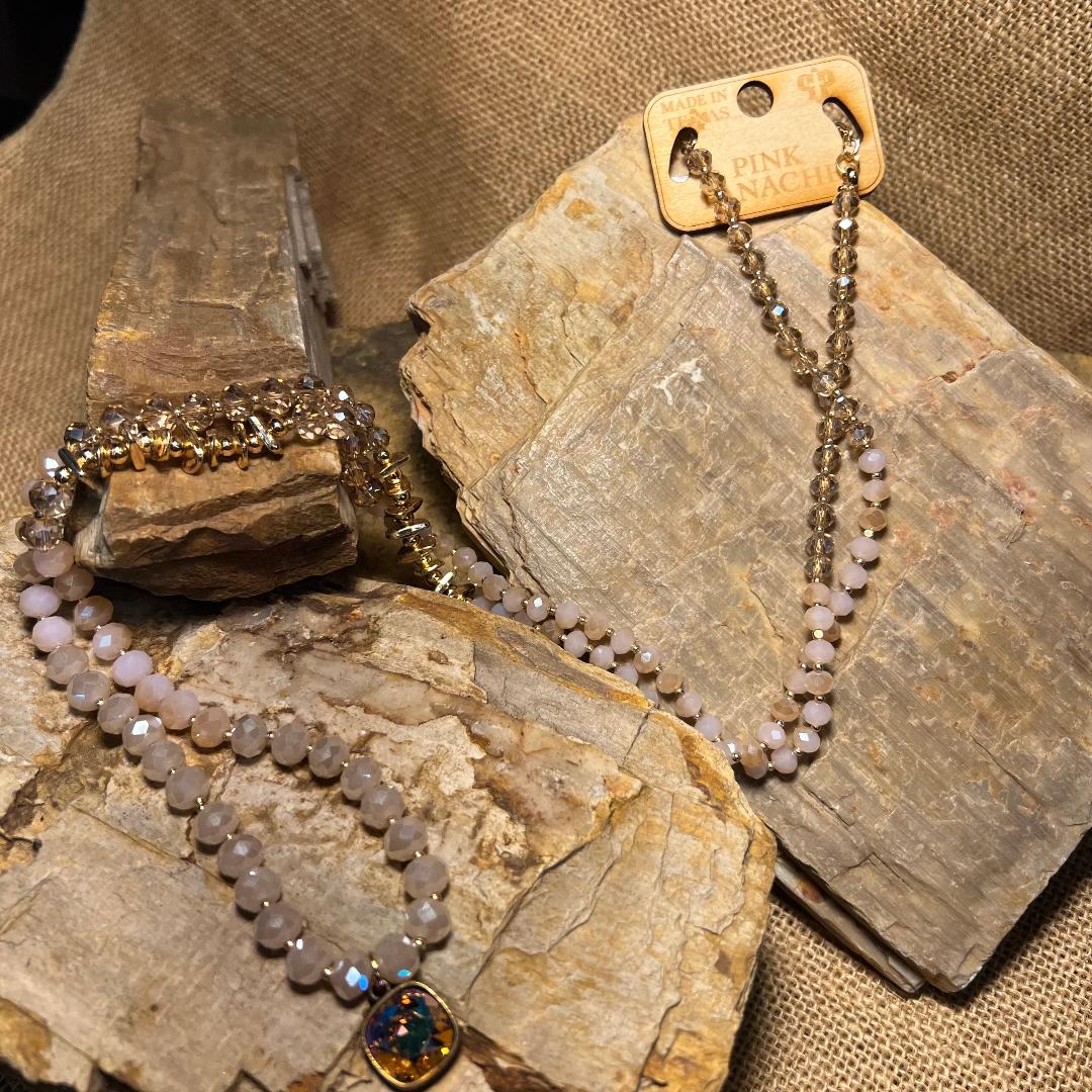 Blush Pink and Gold Bead Long Necklace