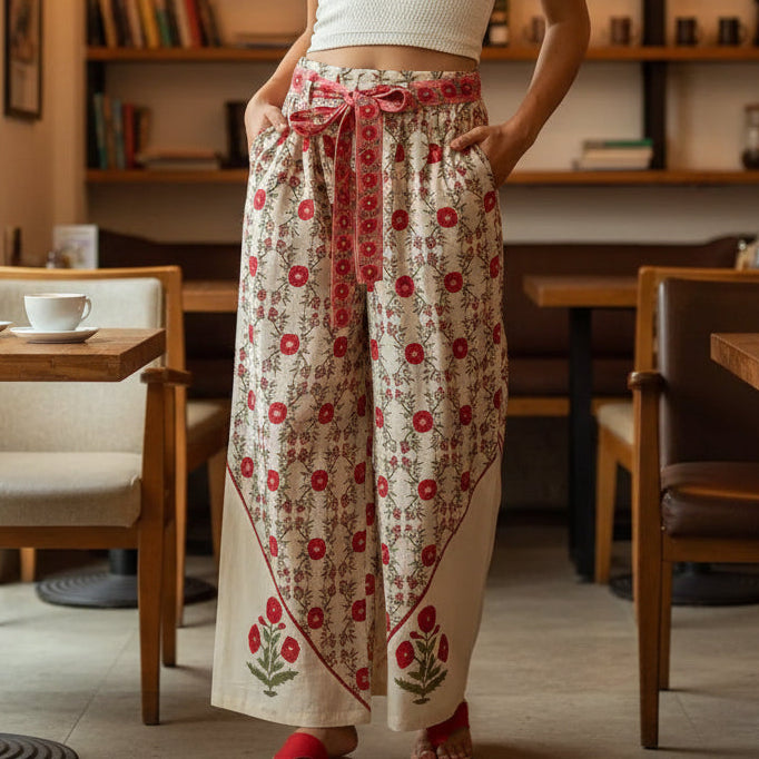 Waist Belt Floral Pattern Straight Fit Pants