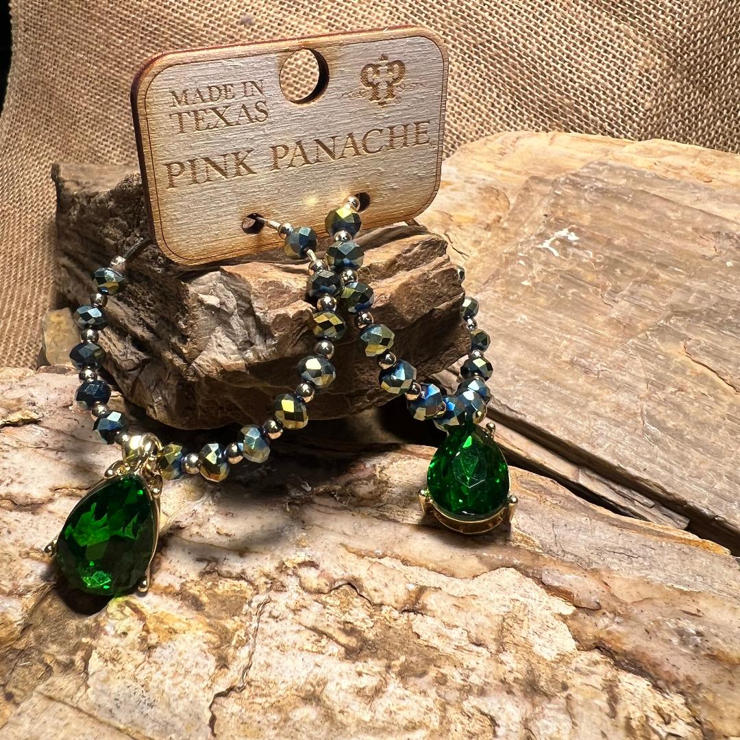 Green and Gold Multi Bead Rhinestone Hoop Earrings