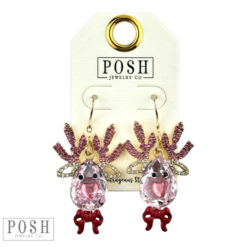 Rhinestone Reindeer Earring Pink