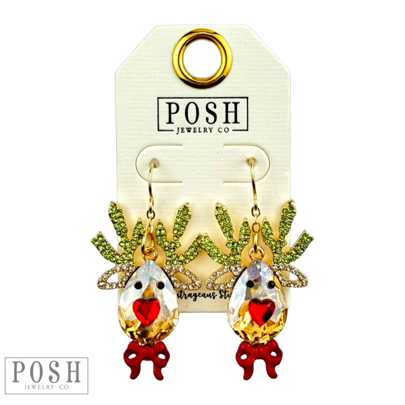 Rhinestone Reindeer Earring Green