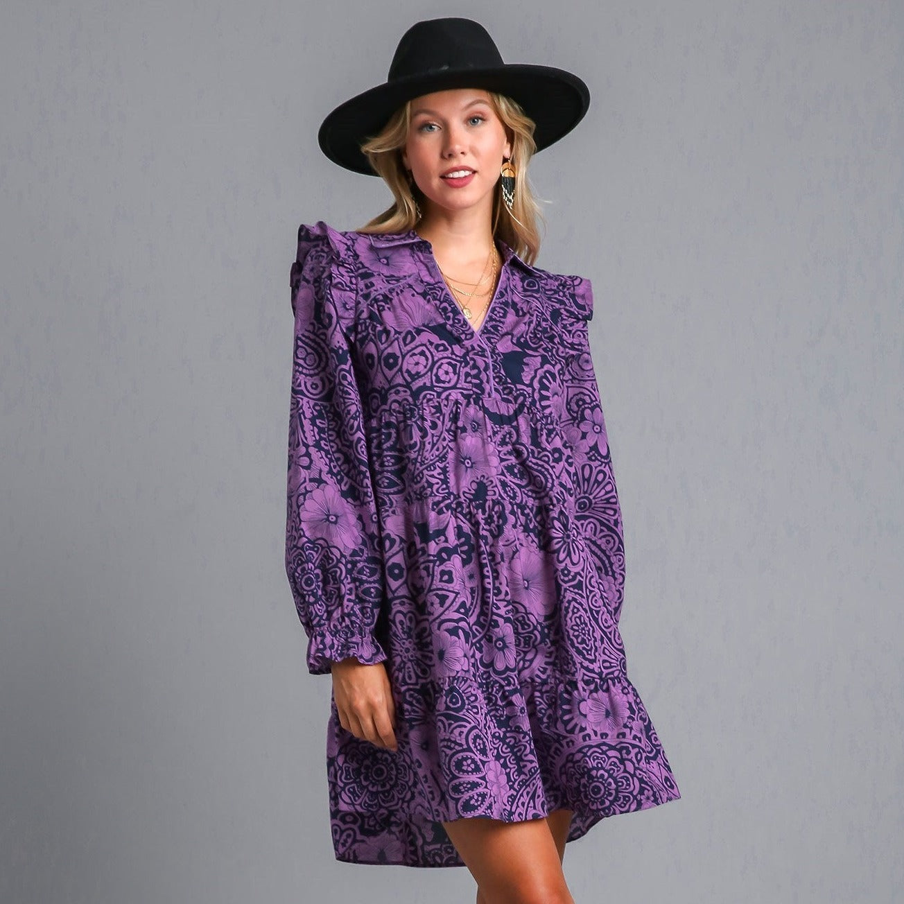 Mixed Print Flutter Ruffle Long Sleeve Dress- REG & PLUS SIZES