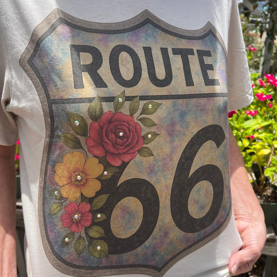 Sand Route 66 Tee with Rhinestone Accents