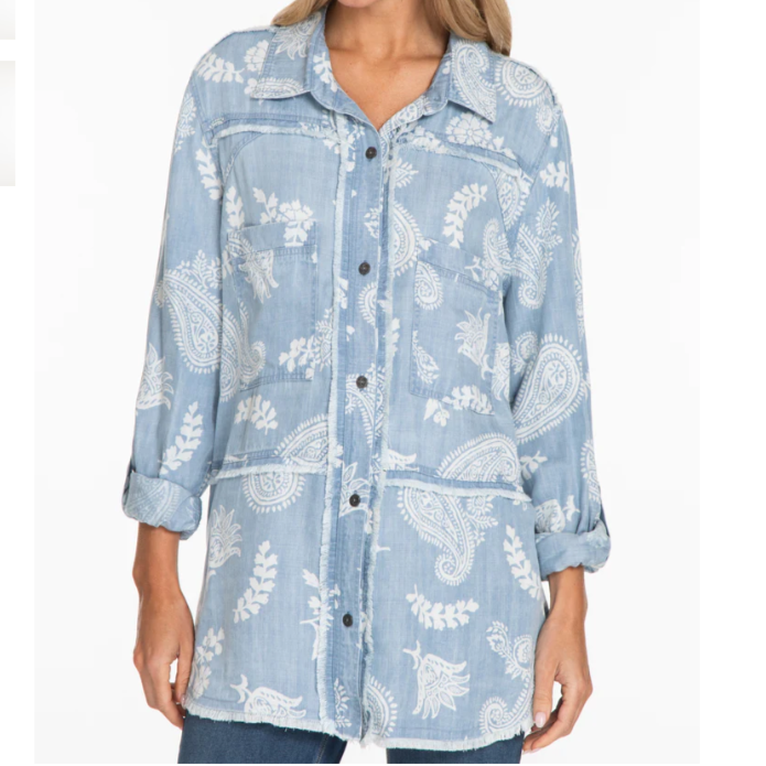 Rolled Tab Long Sleeved Button Up Fringe Edge Top