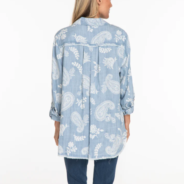Rolled Tab Long Sleeved Button Up Fringe Edge Top