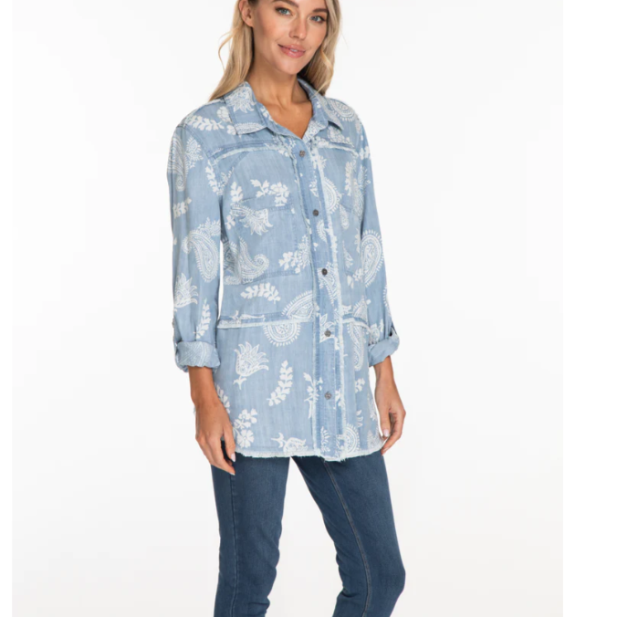 Rolled Tab Long Sleeved Button Up Fringe Edge Top