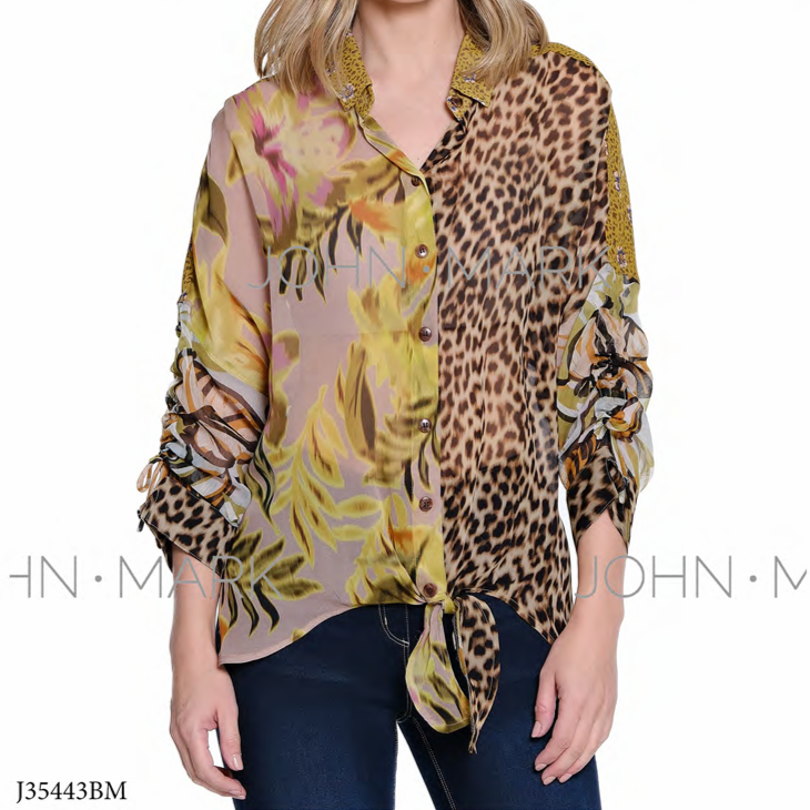 Mix Print Button & Tie Front Blouse