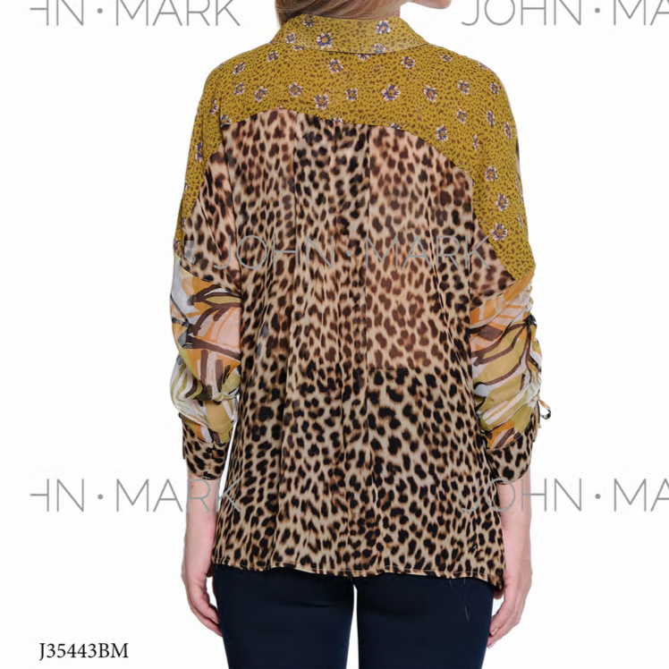 Mix Print Button & Tie Front Blouse