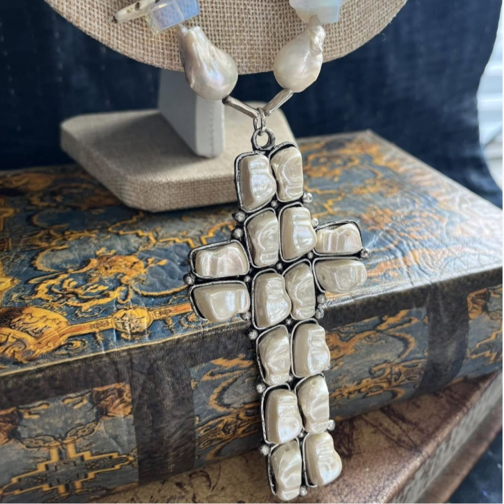 A Rare Bird Silver Stone & Pearl Cross Necklace