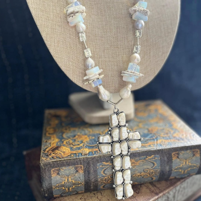 A Rare Bird Silver Stone & Pearl Cross Necklace