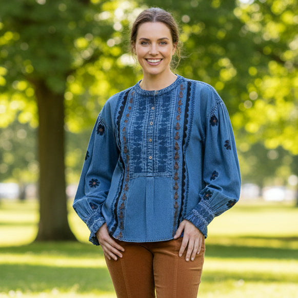 Split Neck with Embroidery Top