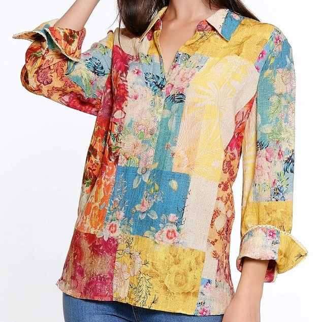 Patchwork Print V Collar Button Up Shirt