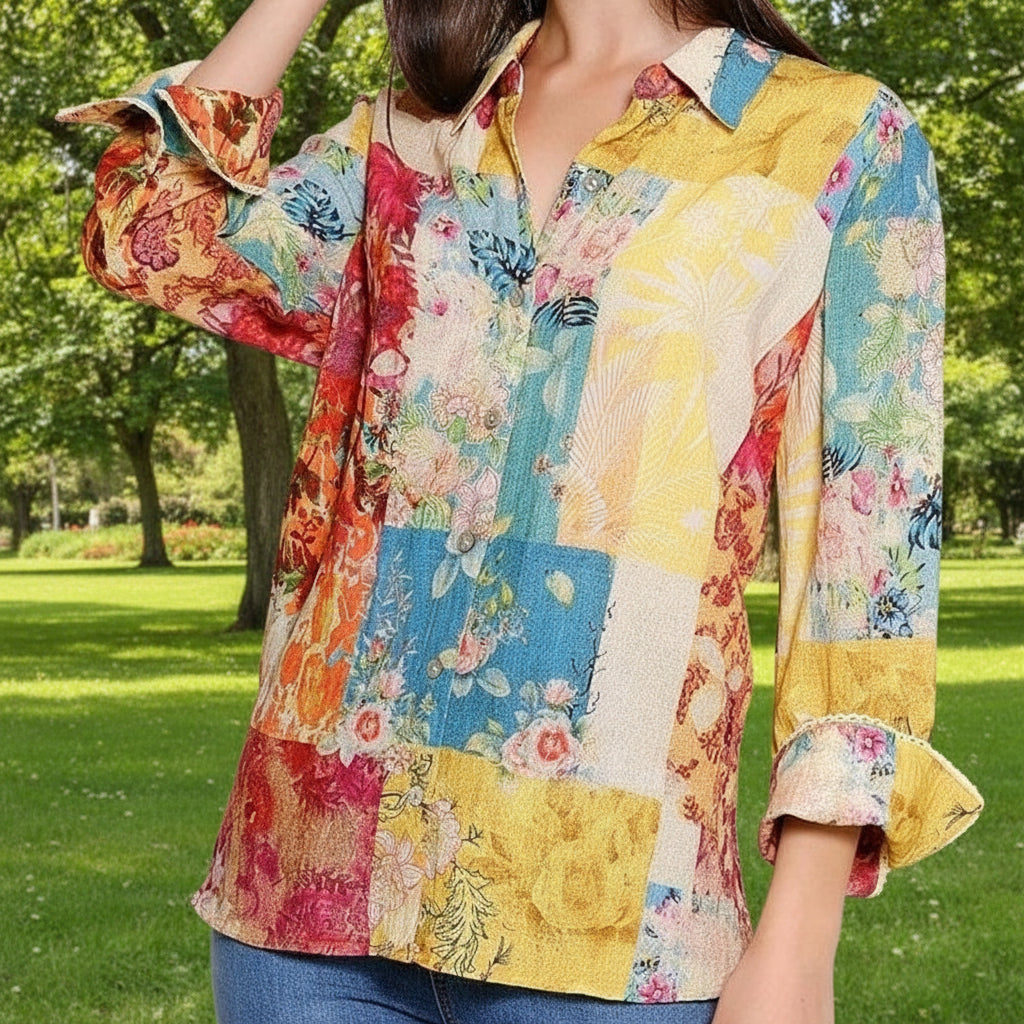 Patchwork Print V Collar Button Up Shirt