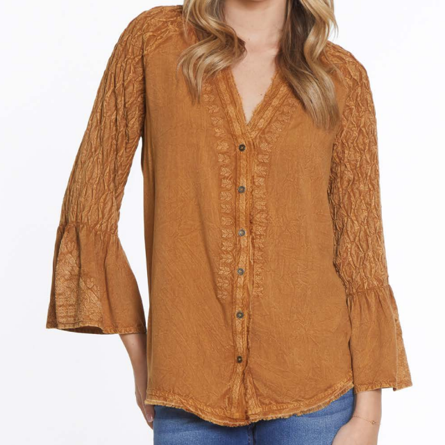 Gold Button Front Top with Sleeve Smocking and Embroidery