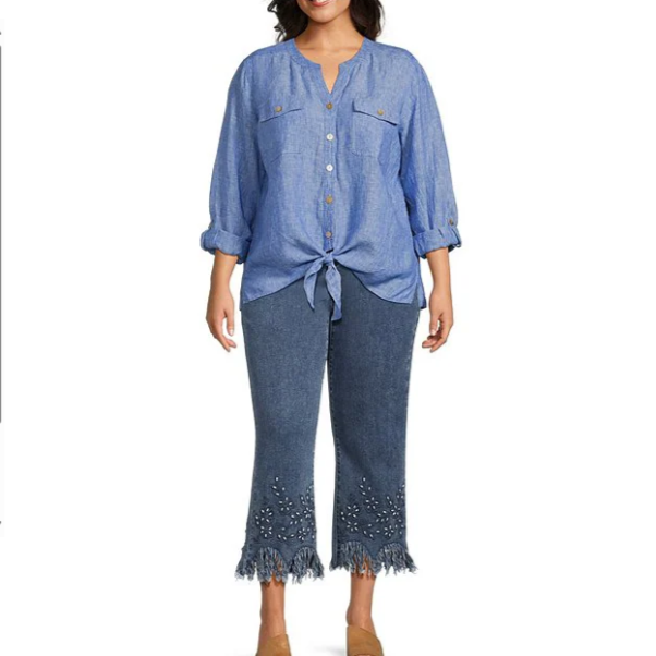 Woven Y-Neck Long Roll-Tab Sleeve Tie-Front Button Front Top