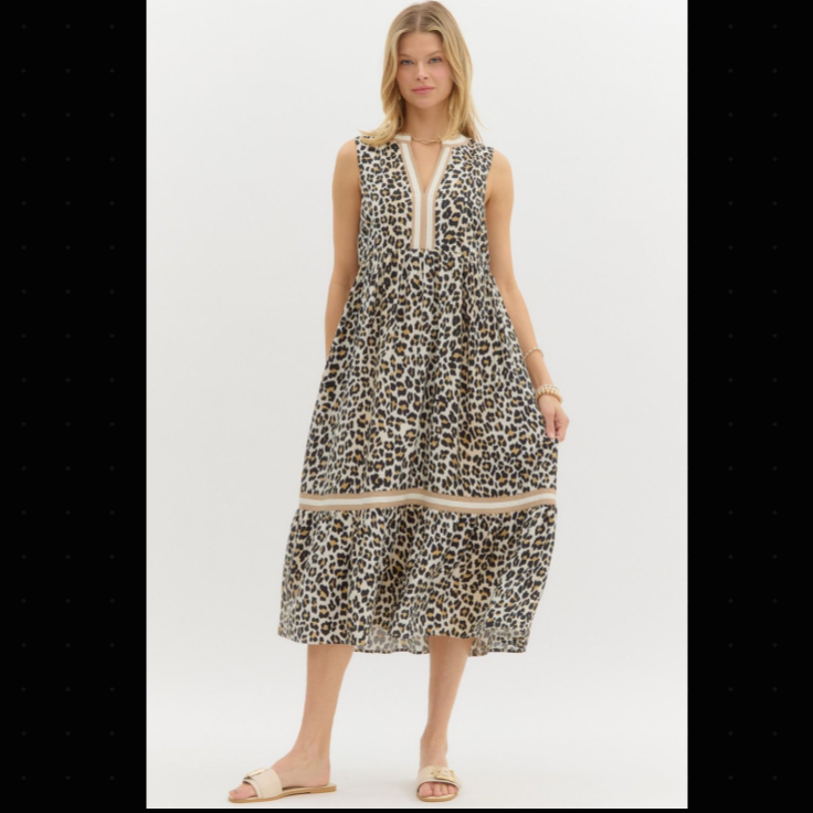 Leopard Print Sleeveless Midi Dress