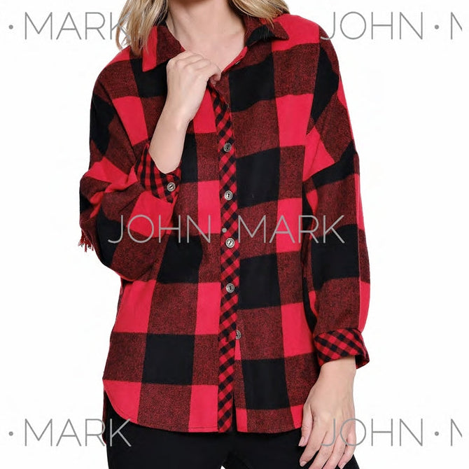 Woven Buffalo Plaid Wire Collar Long Sleeve Hi-Low Hem Button Front Tunic