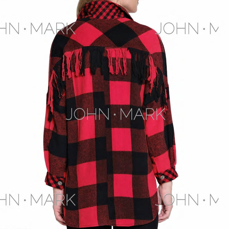 Woven Buffalo Plaid Wire Collar Long Sleeve Hi-Low Hem Button Front Tunic
