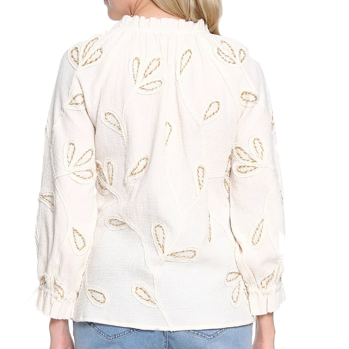 Tie Neck Popover with Cord Embroidery - Antique White