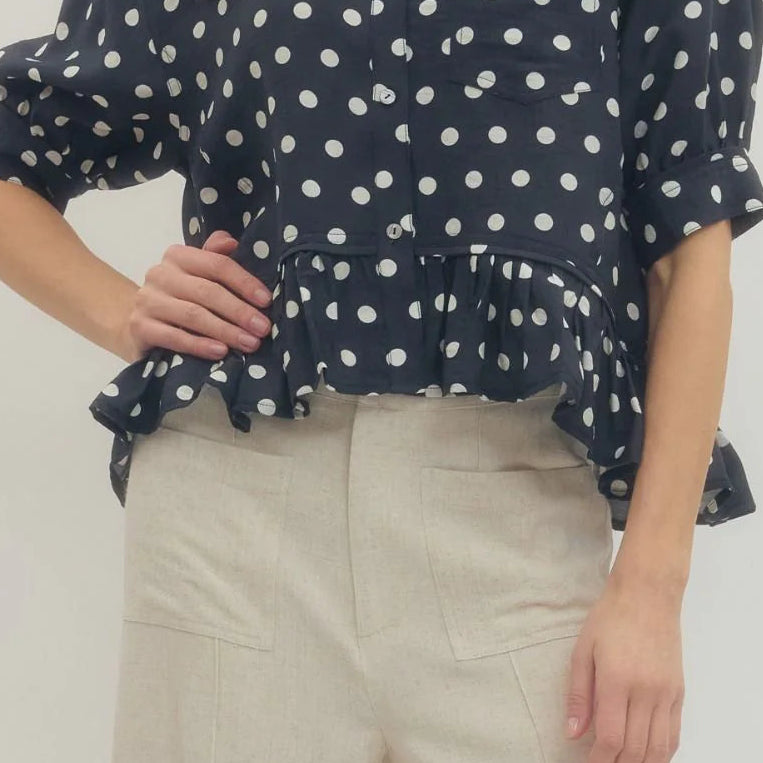 Navy Polka Dot Short Sleeve Ruffle Hem Top (PLUS Size)