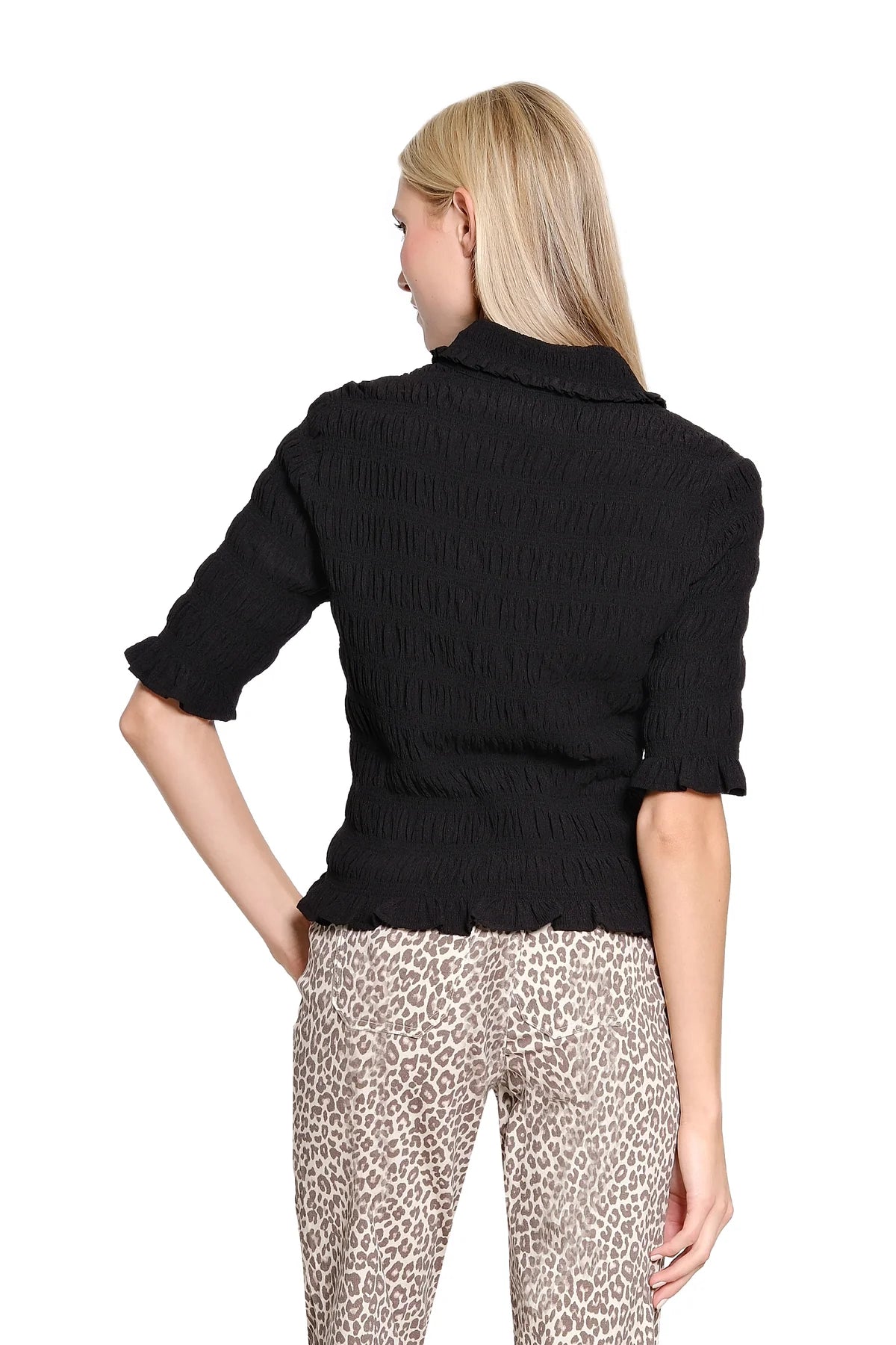 Elbow Sleeve Smocked Button Up Top