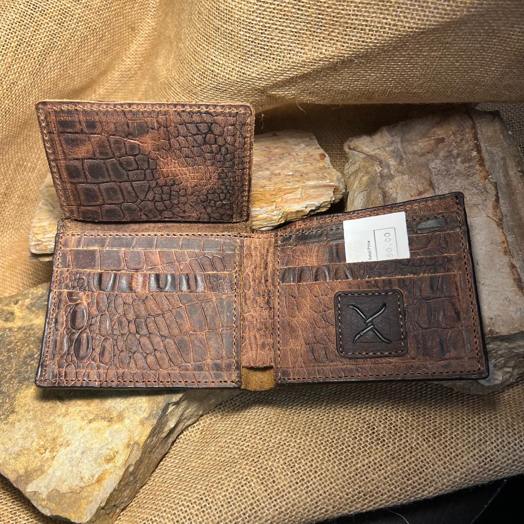 Bi-Fold Crocodile Embossed Dark Brown Leather Wallet