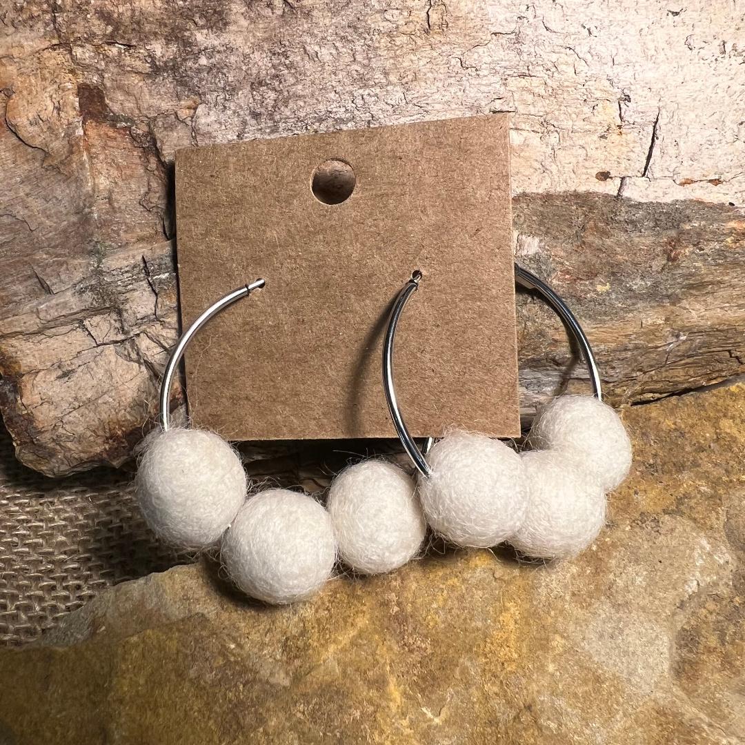 White Pom Pom Hoop Earrings