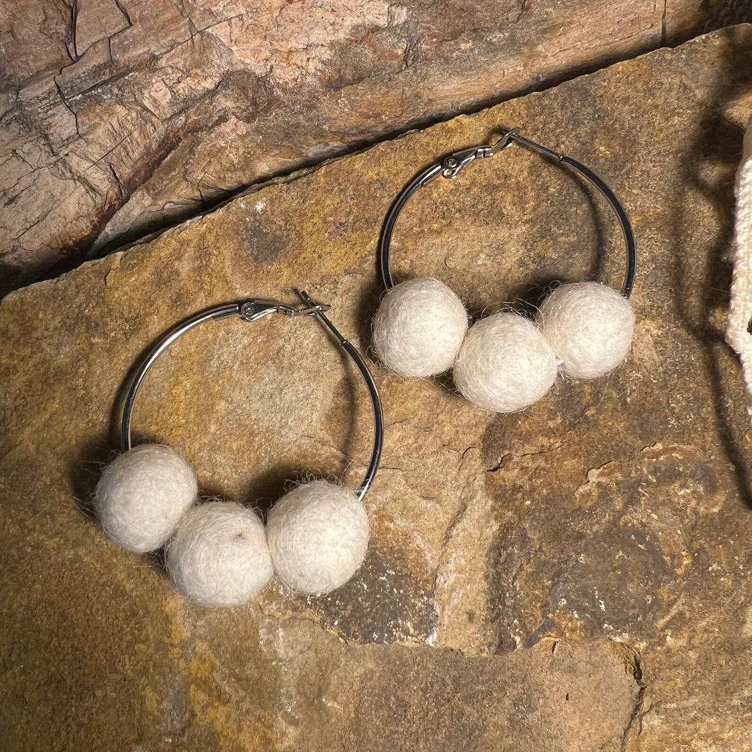 White Pom Pom Hoop Earrings