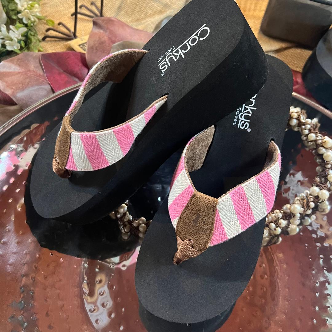 Take a Dip Pink Stripe Wedge Flip Flops