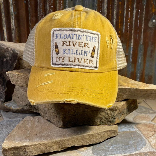 Embroidered Floatin' The River Killin' My Liver Mustard Colored Cap