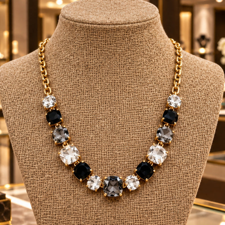 Black and Grey Multi Crystal and Gold Chain 16"-18" Necklace