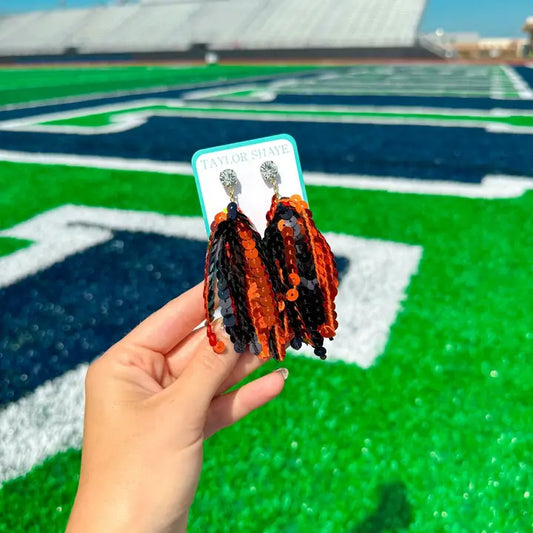 Orange and Black Sequin Tassel Earrings