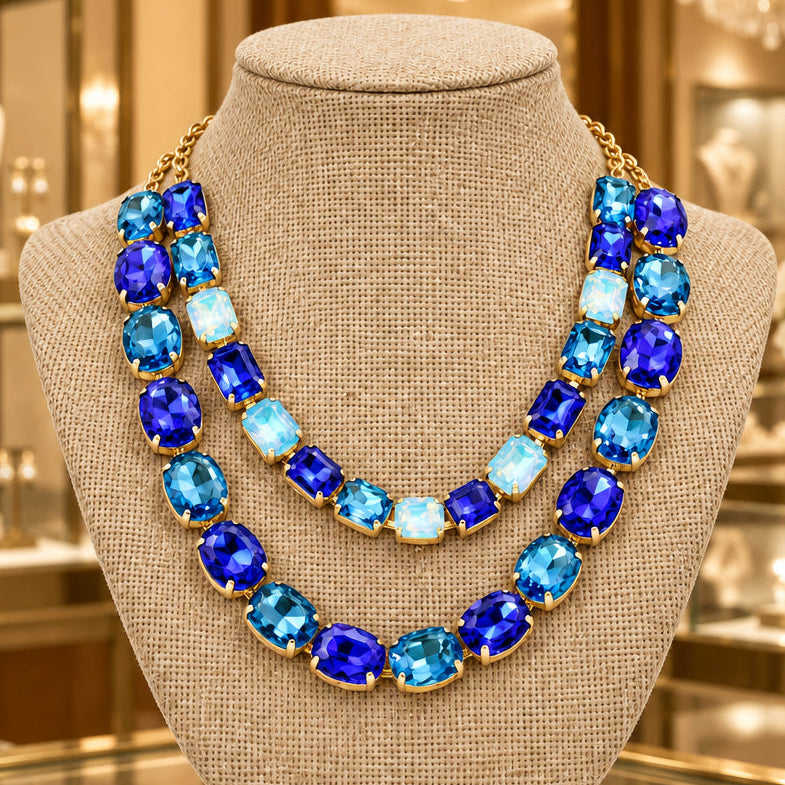Blue Layered Round Crystal Necklace