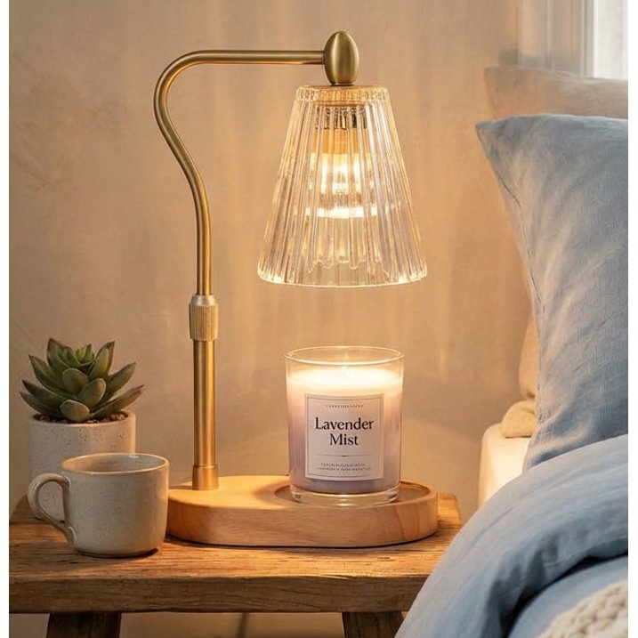 Candle Warmer Lamp with Fluted Amber Glass on Wood Base