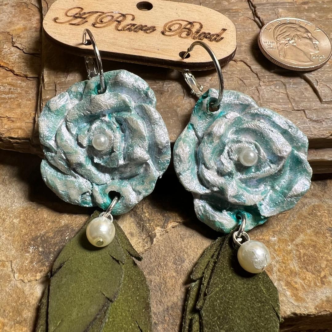 Hand Carved Blue Rose Earrings