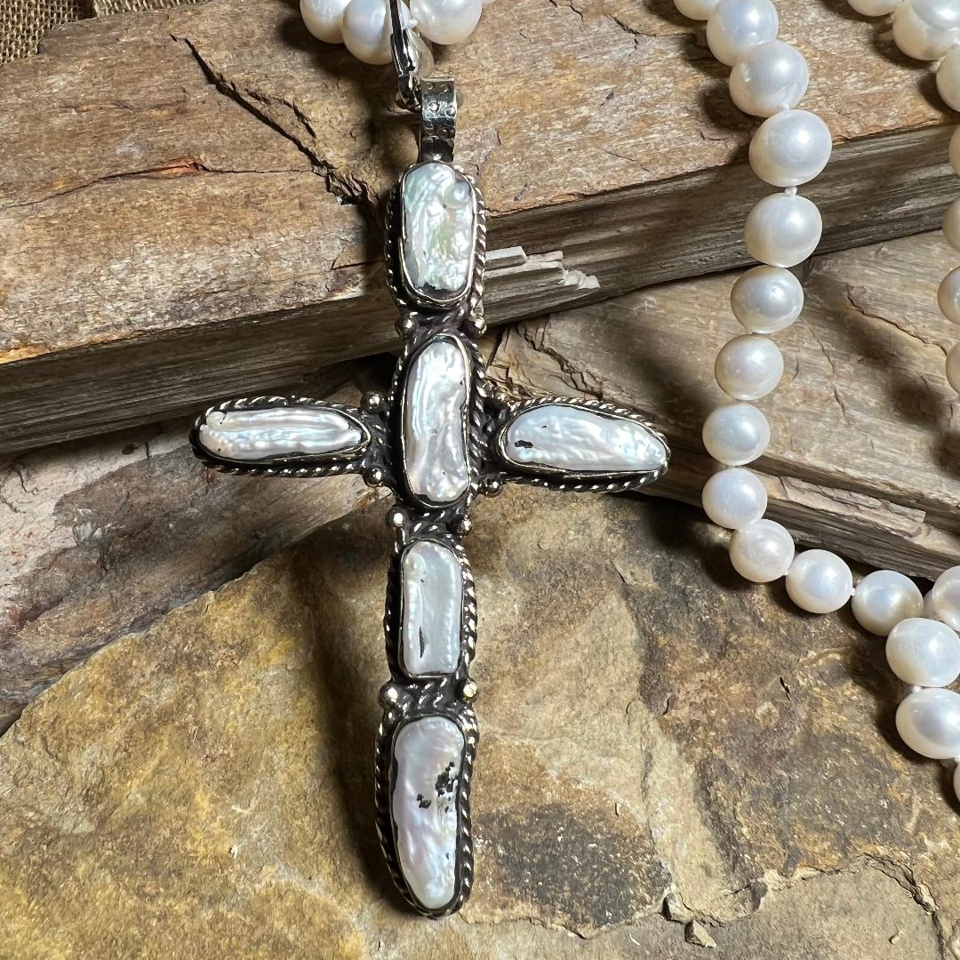 Pearl and Silver Cross Statement Necklace