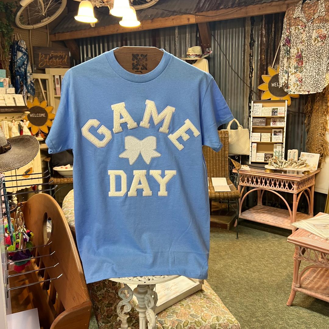 Game Day White Bow on Light Blue Crew Neck Tee