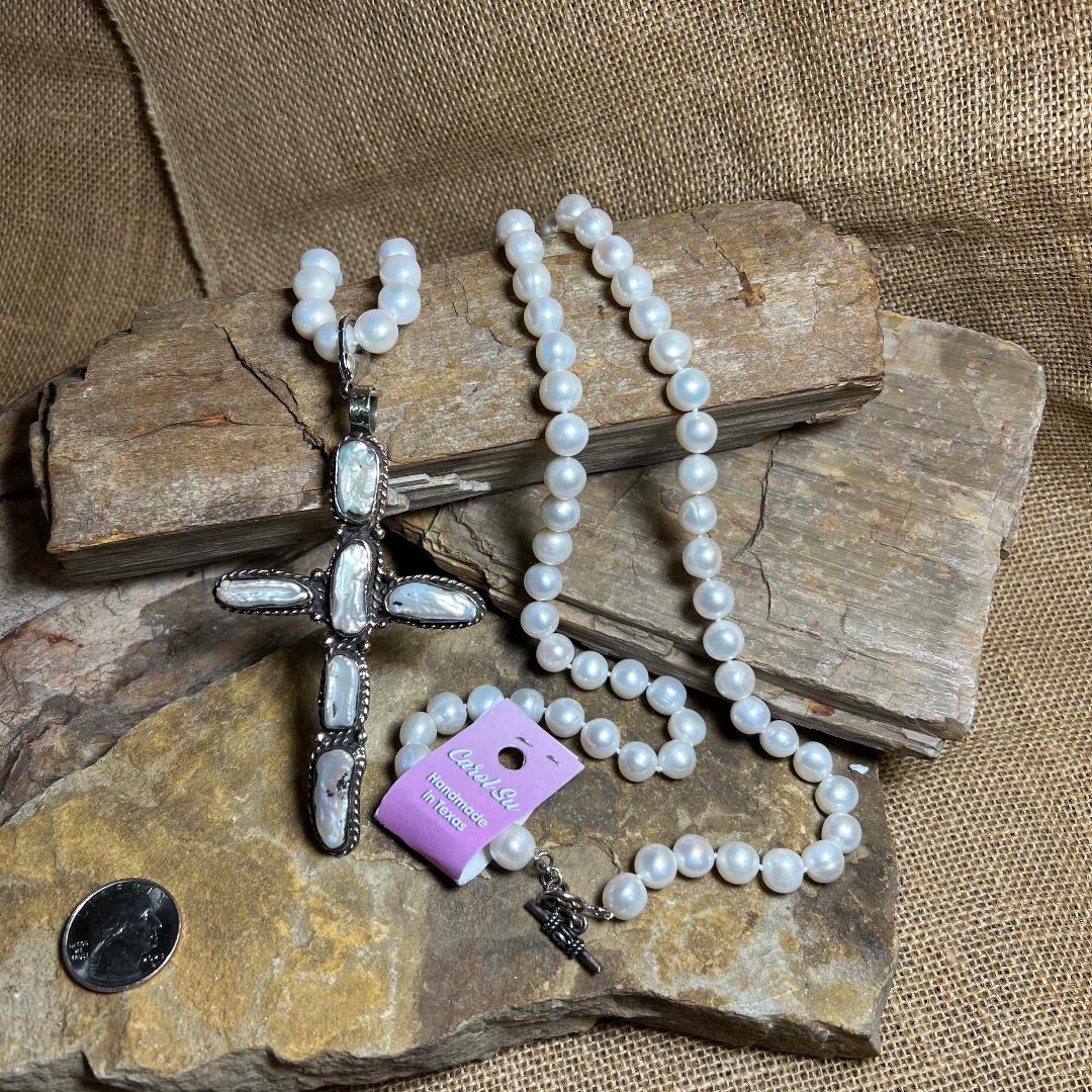 Pearl and Silver Cross Statement Necklace