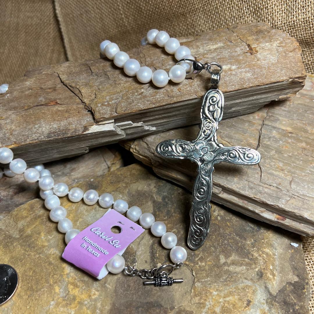 Pearl and Silver Cross Statement Necklace