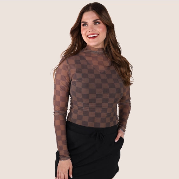 Keigan Chocolate Checkered Mesh Long Sleeve Top