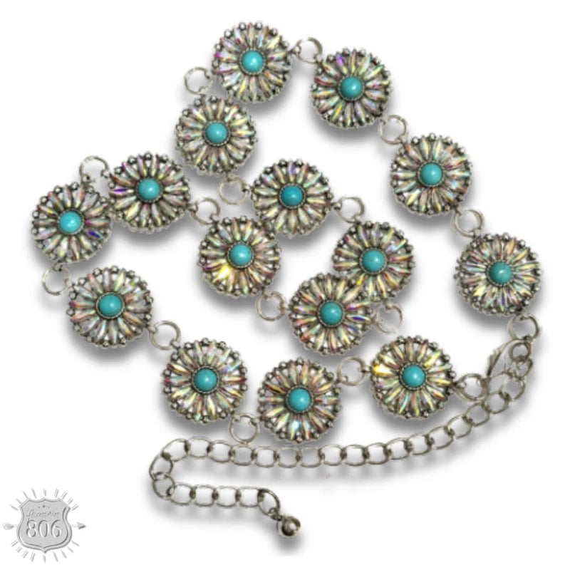 Western flower rhinestone concho link belt