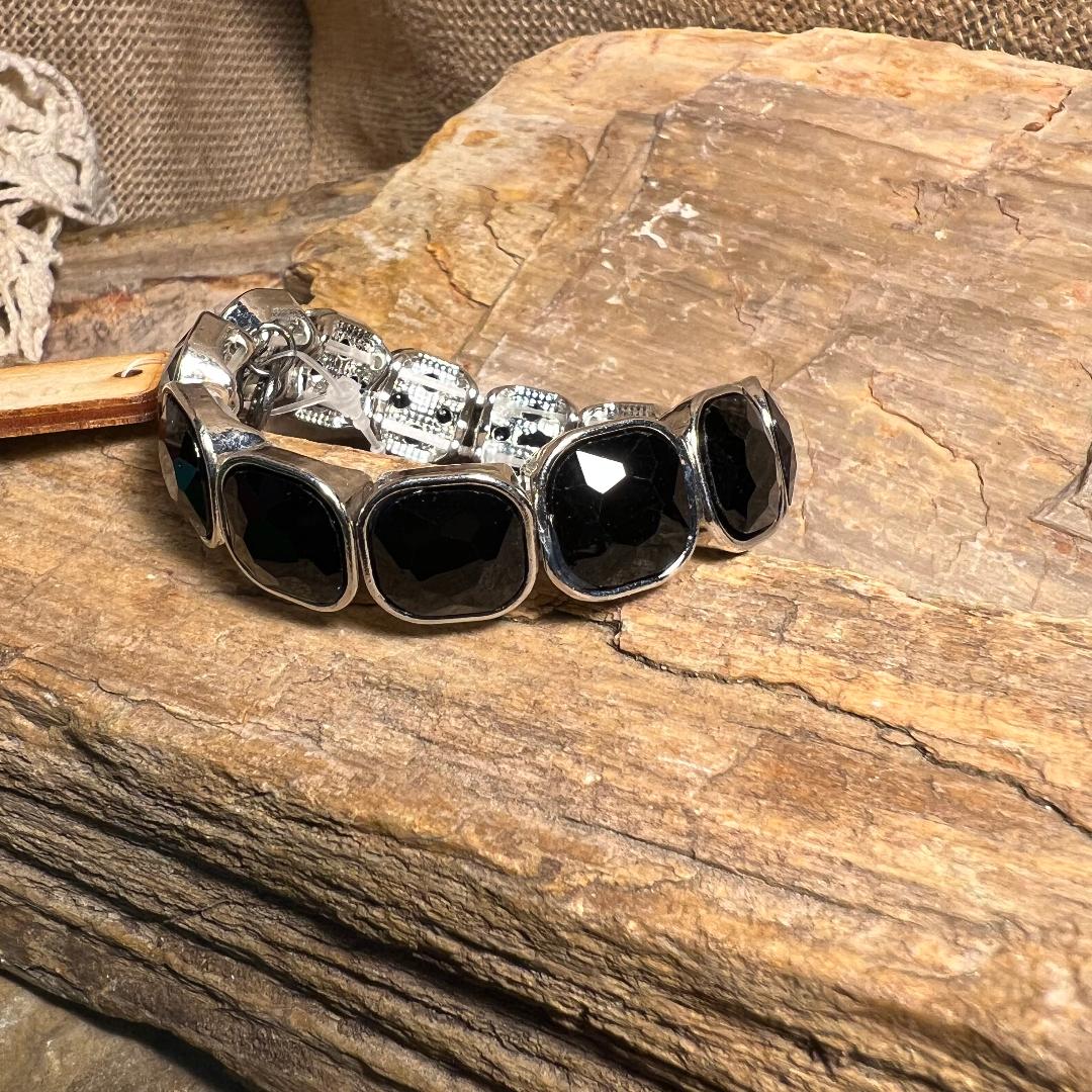 Silver and Black Rhinestone Stretch Bracelet