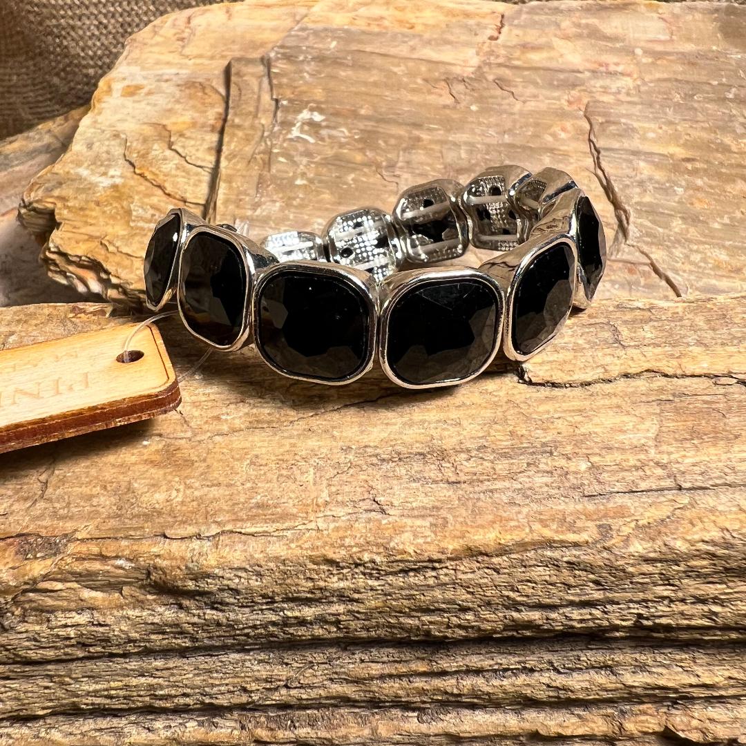 Silver and Black Rhinestone Stretch Bracelet