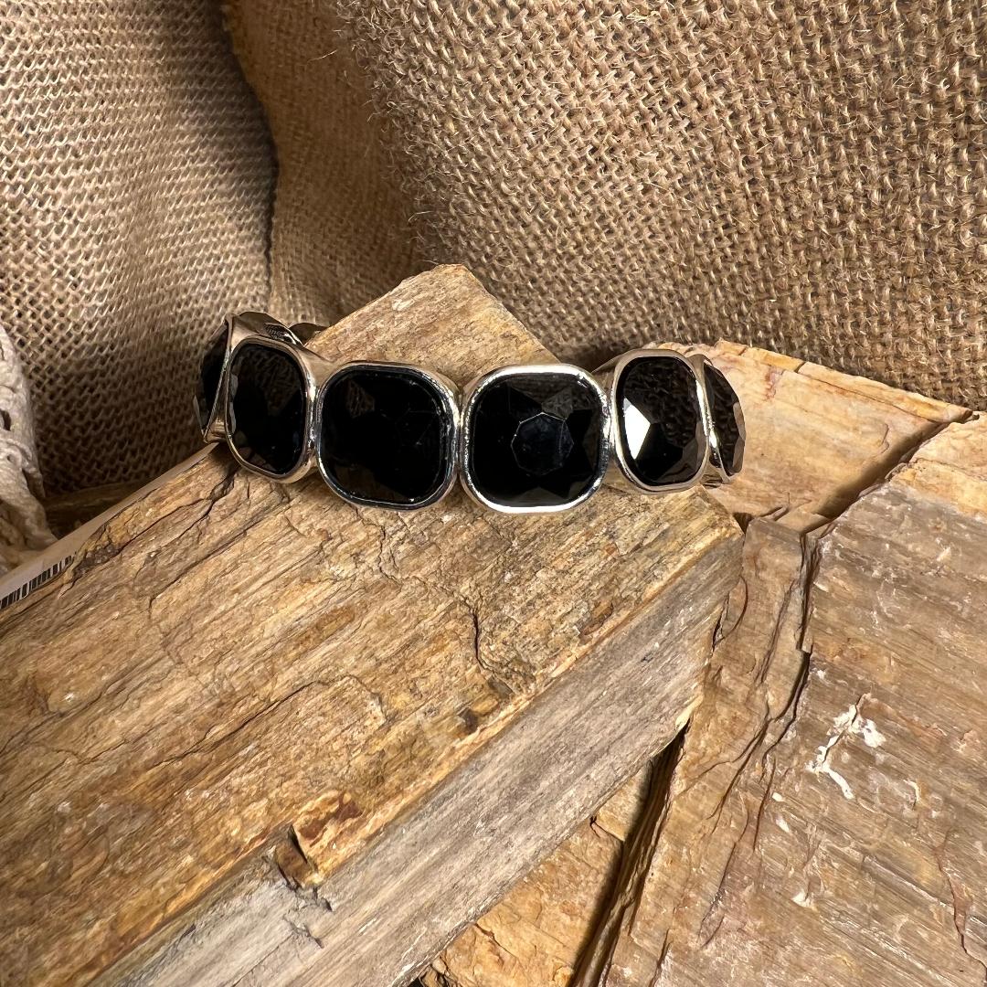 Silver and Black Rhinestone Stretch Bracelet