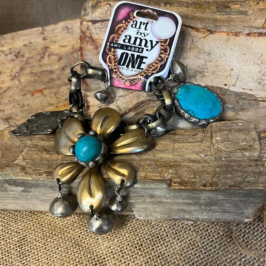 Gorgeous Statement Turquoise Daisy and Brass Bracelet
