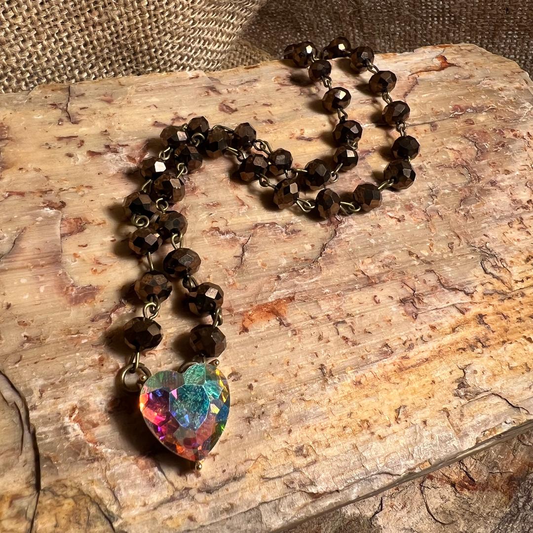 Bronzy Brown Bead AB Crystal Heart Necklace