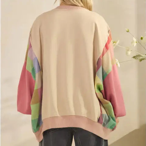 Patchwork Peace Sign Plaid Sleeve Sweatshirt
